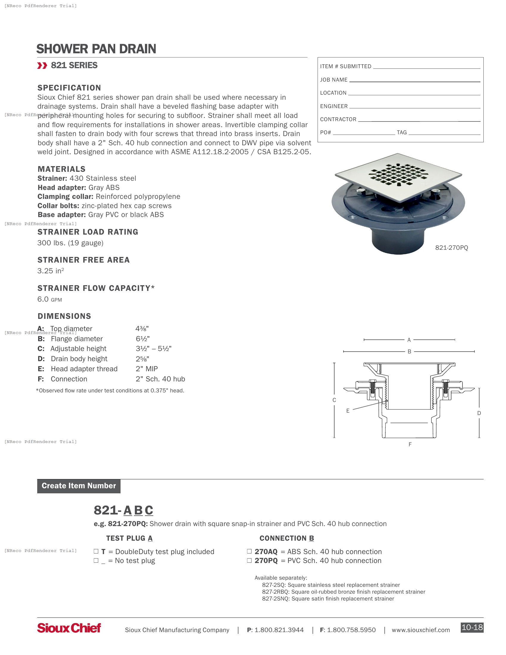 821-27Q SERIES - SHOWER PAN DRAIN - SPEC SHEET.PDF Specification Document